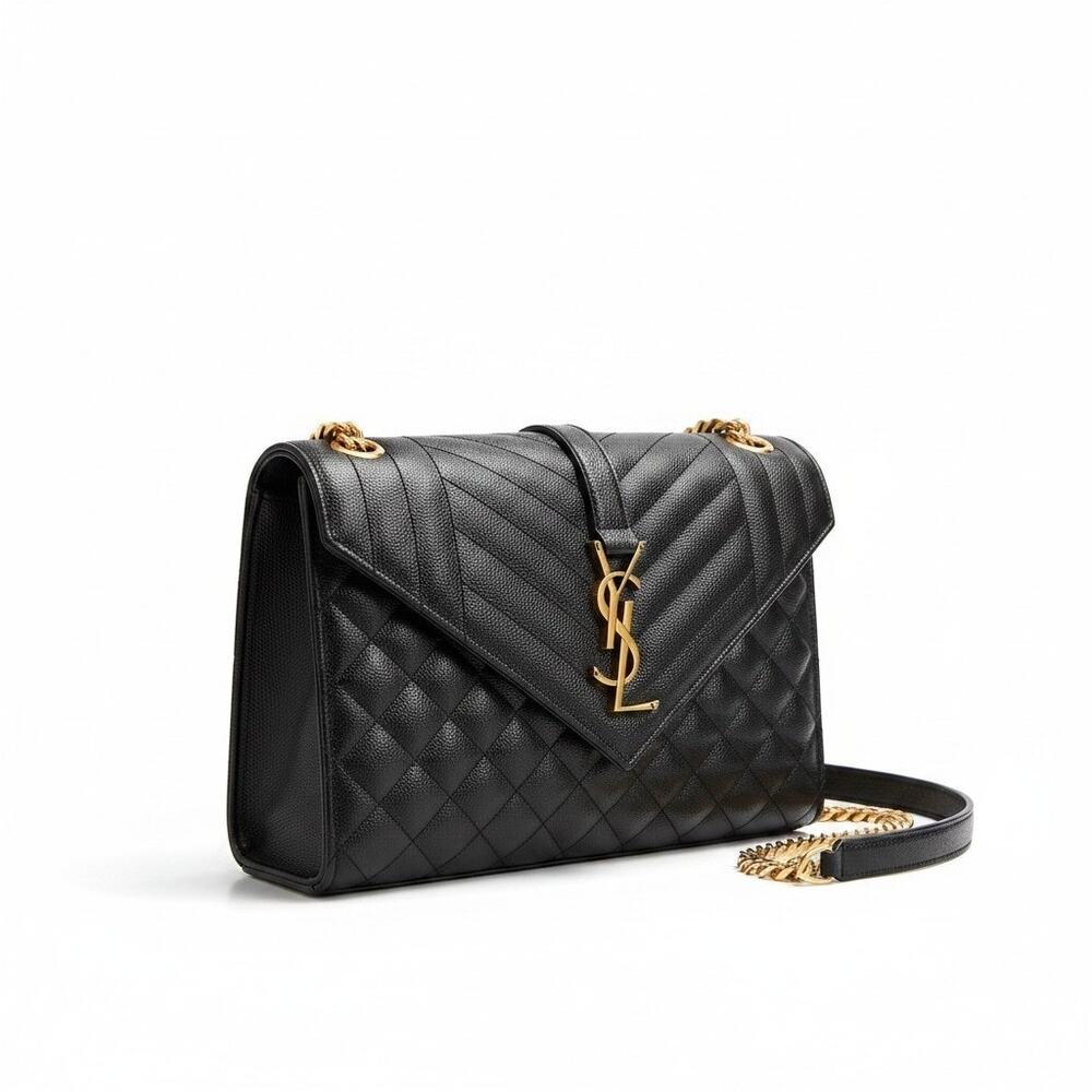 Saint Laurent YSL Medium Envelope Bag Black Grain de Poudre Gold 487206